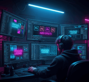 A hacker in a dark room facing multiple screens with Adobe logo and code fragments, digital storm background